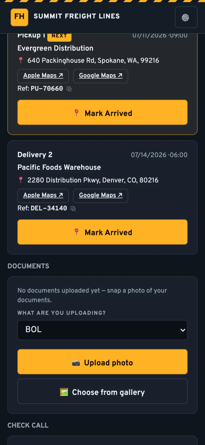 A driver’s load view: pickup and delivery stops with Apple Maps and Google Maps buttons, Mark Arrived, and photo document upload.
