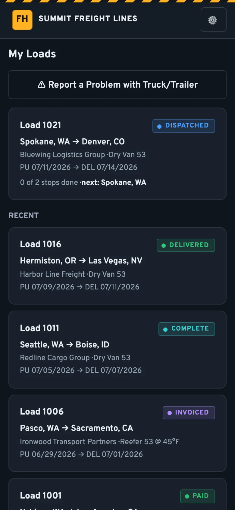 The driver app home screen: current dispatched load with stop progress, plus recent delivered and paid loads.
